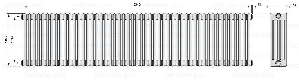 Схема (чертеж) Радиатор Zehnder Charleston 5110/51 №1270 Белый глянцевый RAL 9016